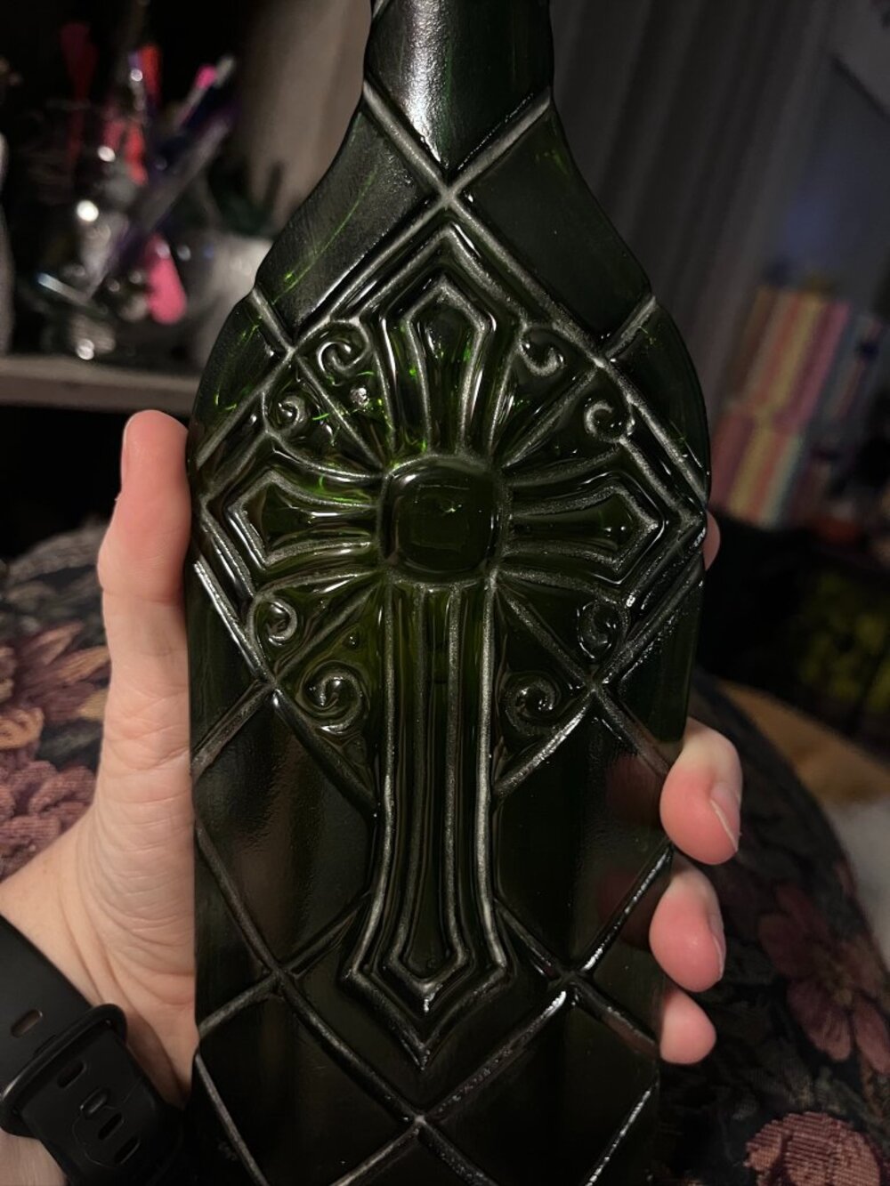 Green 1/2 bottle with cross etching